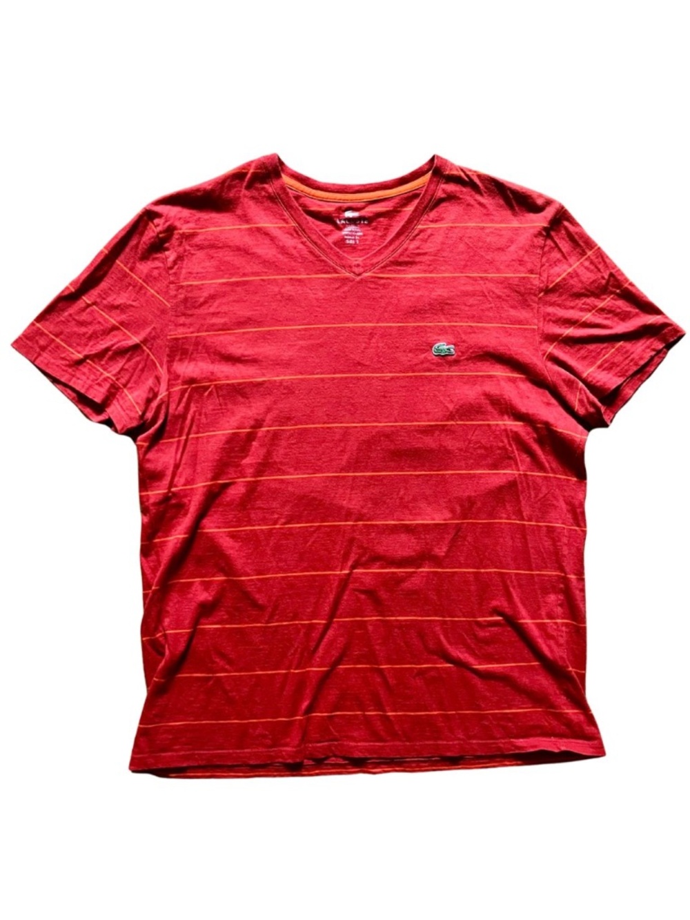 Men's Lacoste Red Striped Short Sleeve V-Neck Cotton T-Shirt Preppy Frat Boy Tee